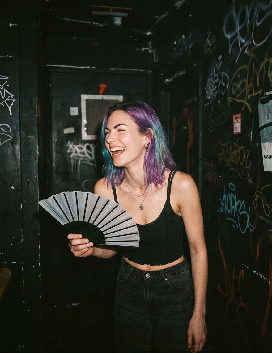 R3I backstage holding a fan.